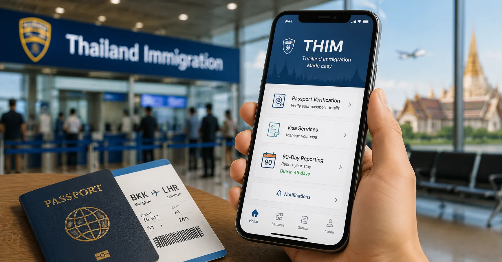 NJoy Consulting illustration of Thailand's THIM immigration app at an airport